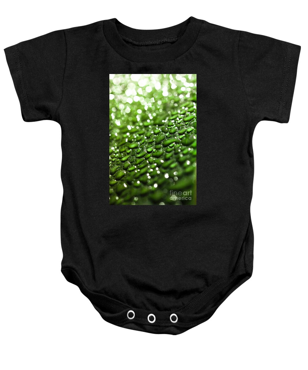 Drops Baby Onesie featuring the photograph Morning dew on plant leaf by Simon Bratt