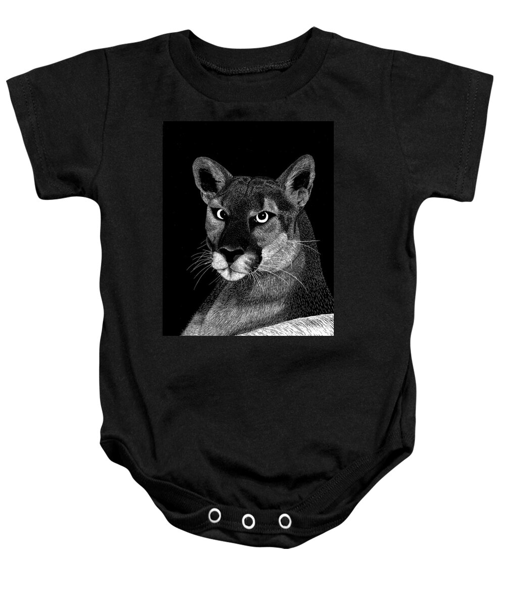 Mountain Lion Baby Onesie featuring the mixed media Mountain Lion by Kume Bryant