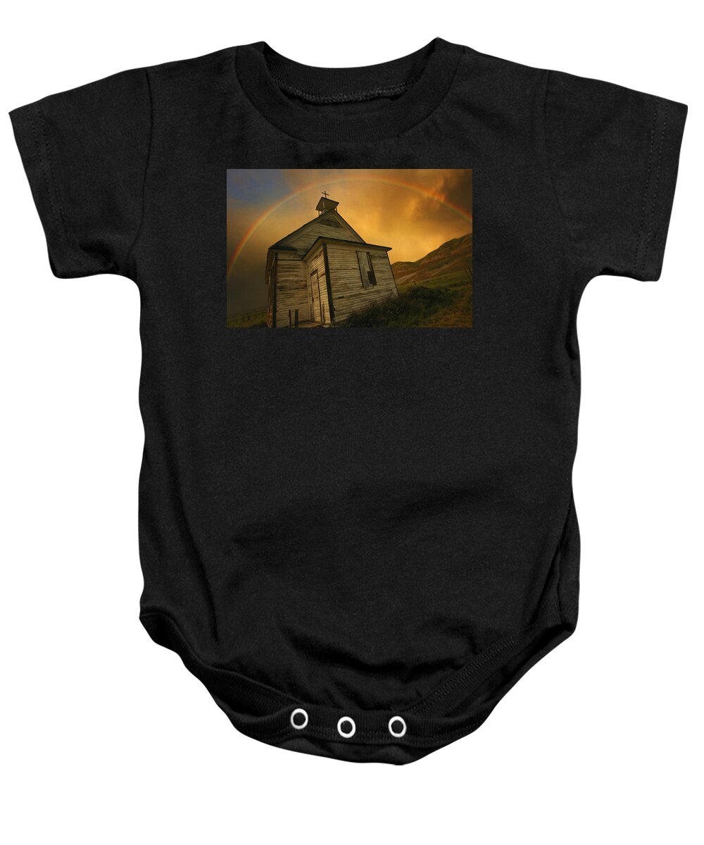 Christianity Baby Onesie featuring the photograph Old Church With Rainbow Over Building by Don Hammond