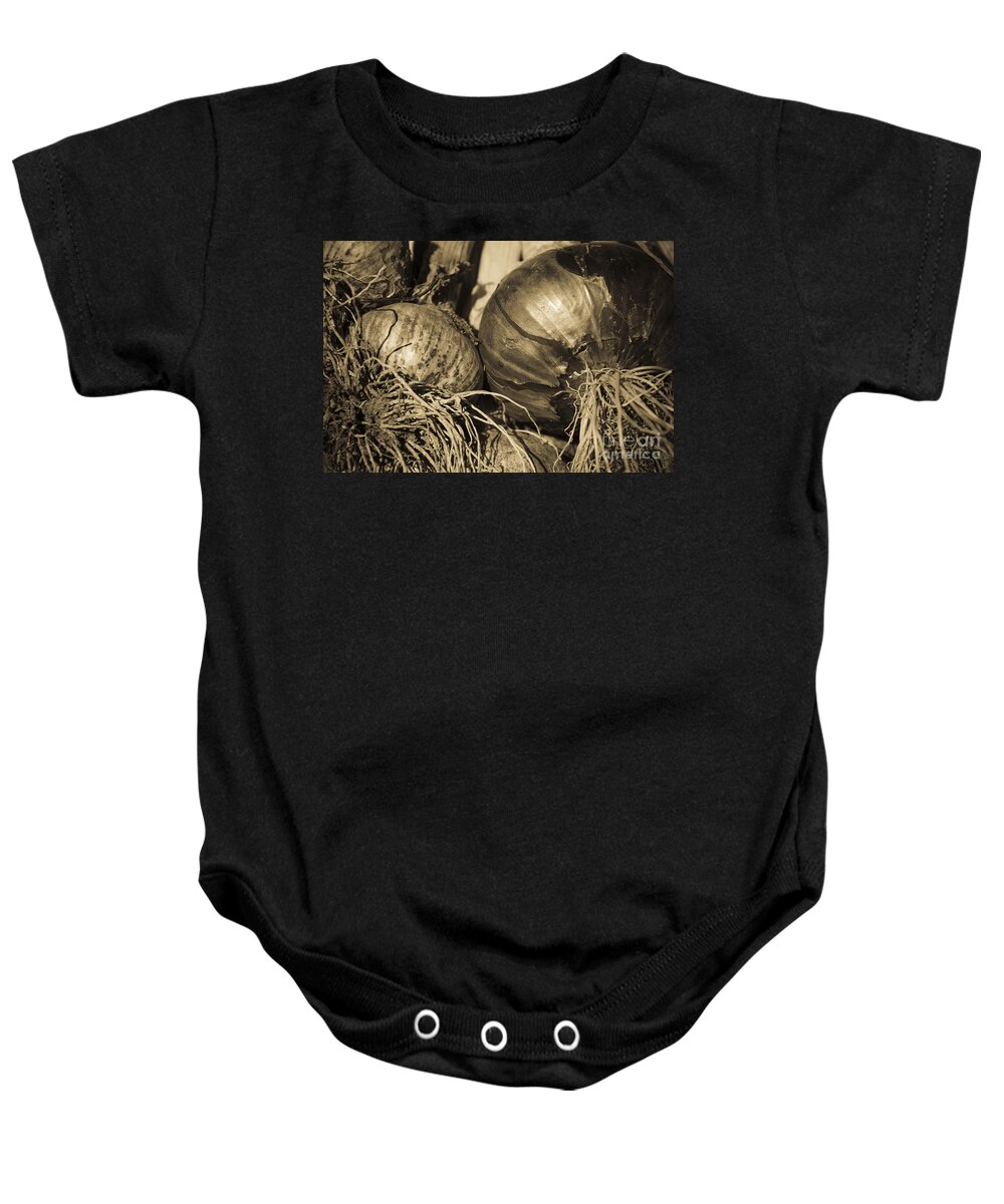 Onion Baby Onesie featuring the photograph Onion and Garlic Sepia by Jim And Emily Bush