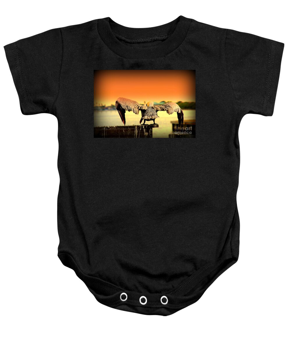 Pelican Baby Onesie featuring the photograph Pelicans flight into Sunset by Susanne Van Hulst
