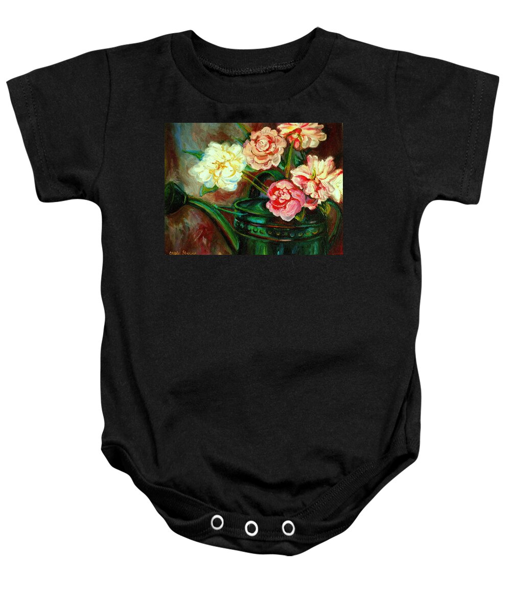 Floral Art Baby Onesie featuring the painting Peonies And Watering Can My Patio Garden Montreal City Summer Scene by Carole Spandau