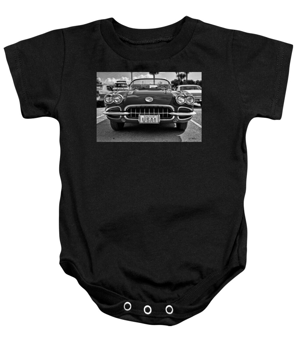 Car Baby Onesie featuring the photograph Pretty In Red - BW by Christopher Holmes
