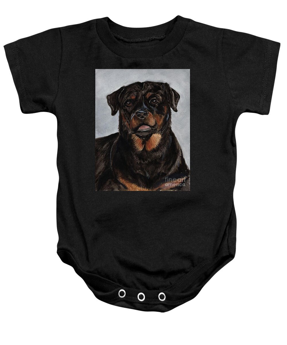 Rottweiler Dog Baby Onesie featuring the painting Rottweiler by Nancy Patterson
