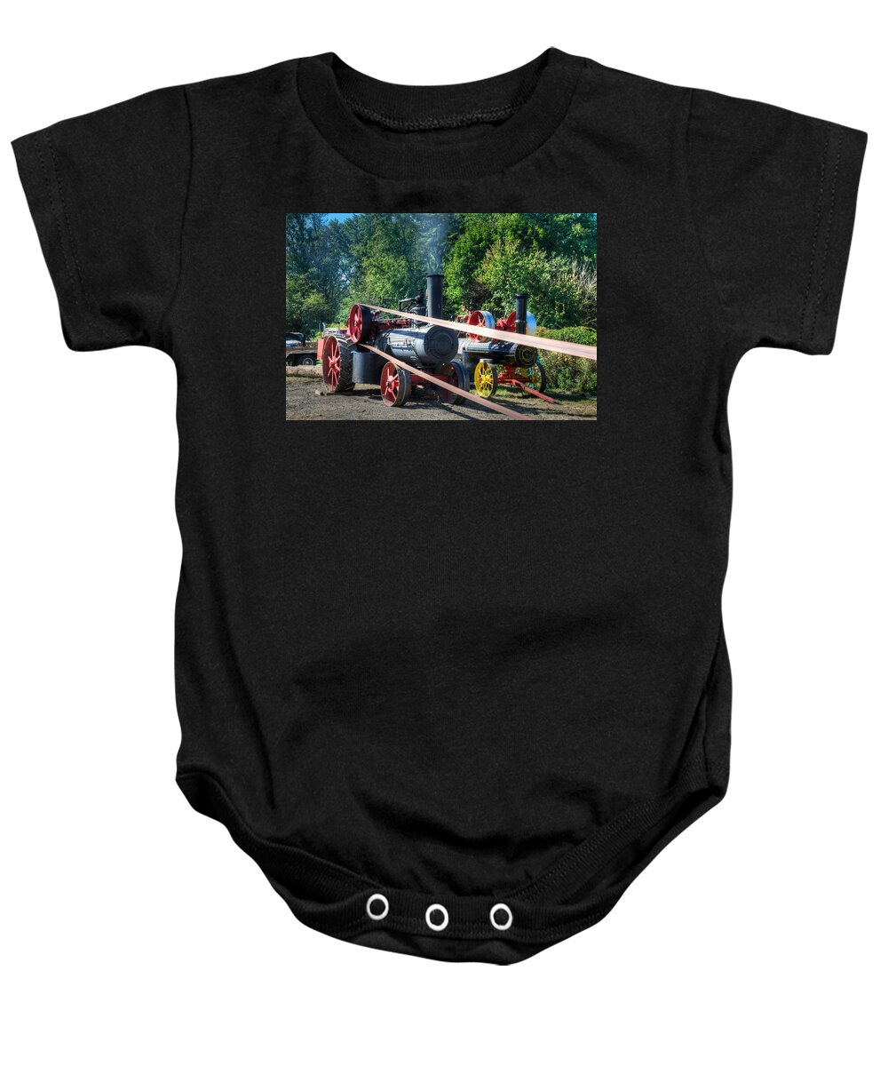 Arcadia Volunteer Fire Company Baby Onesie featuring the photograph Rumley powers the Saw by Mark Dodd