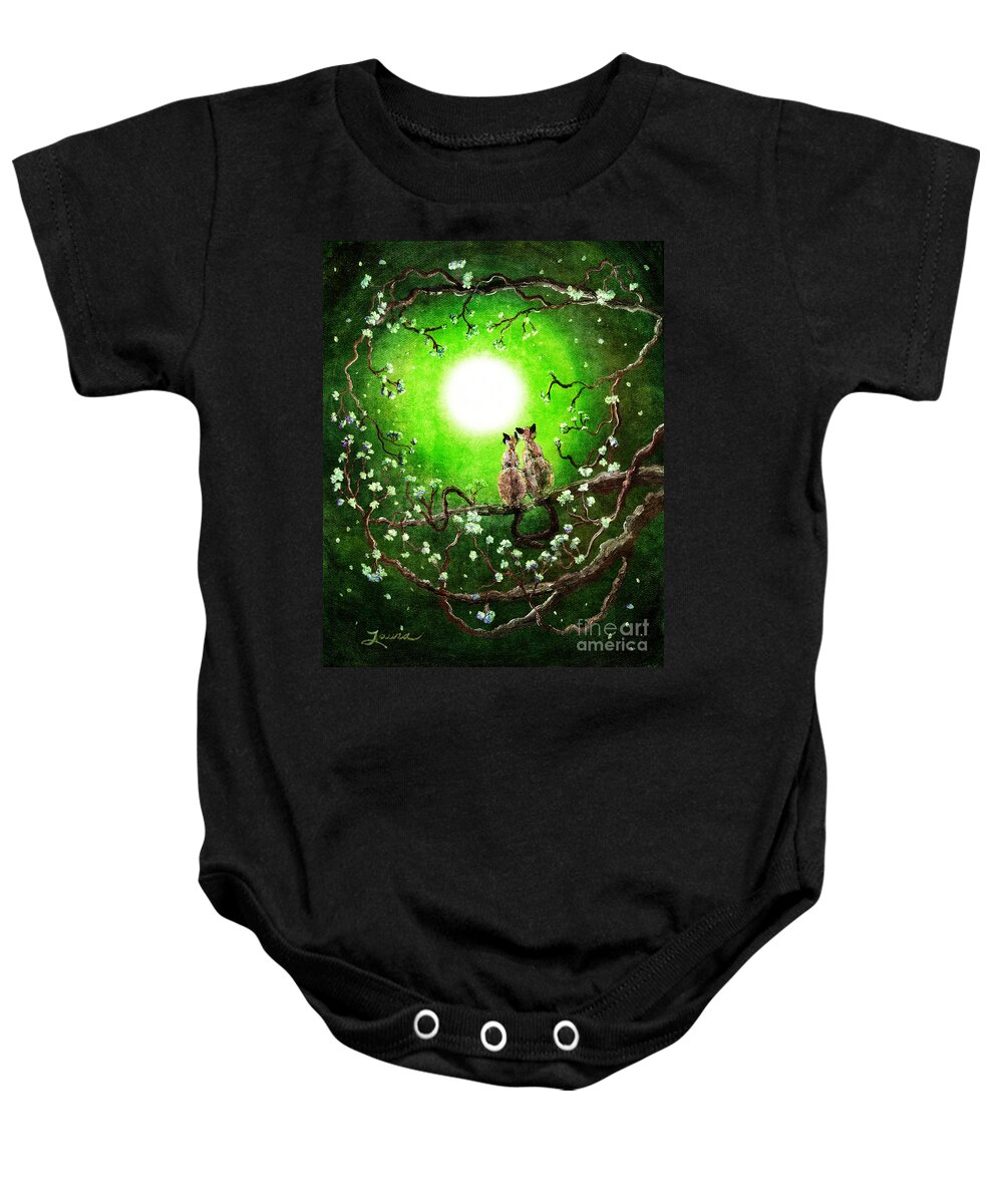 Japanese Baby Onesie featuring the digital art Siamese Cats in Spring Moonlight by Laura Iverson