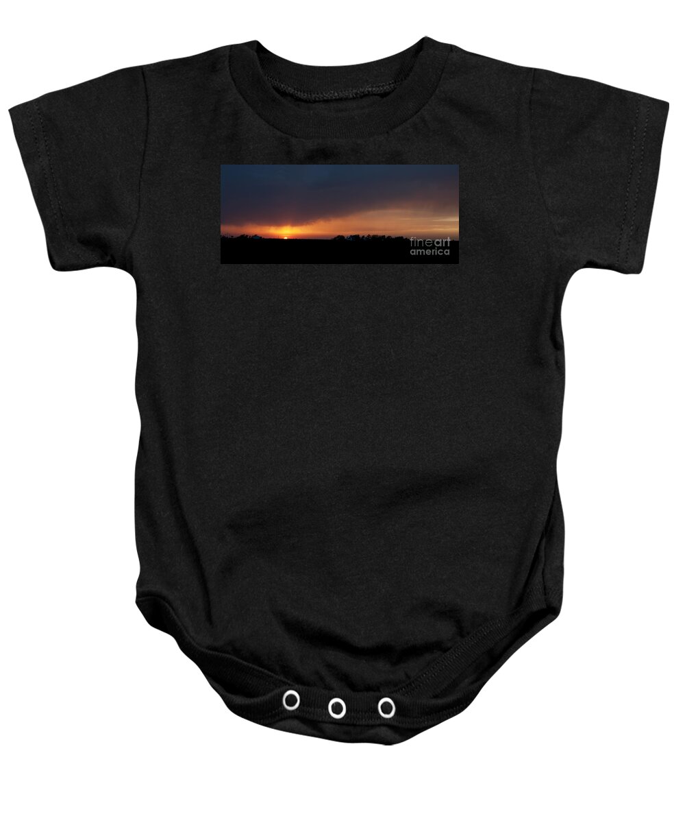 Prairie Sunset Baby Onesie featuring the photograph Sunset over a farm by Art Whitton