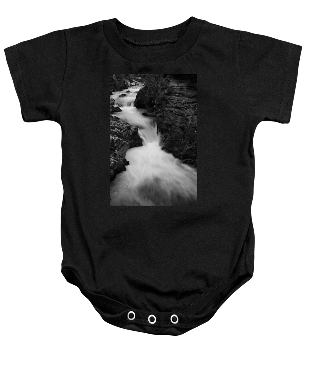 Soteska Baby Onesie featuring the photograph The Soteska Vintgar gorge in Black and White by Ian Middleton