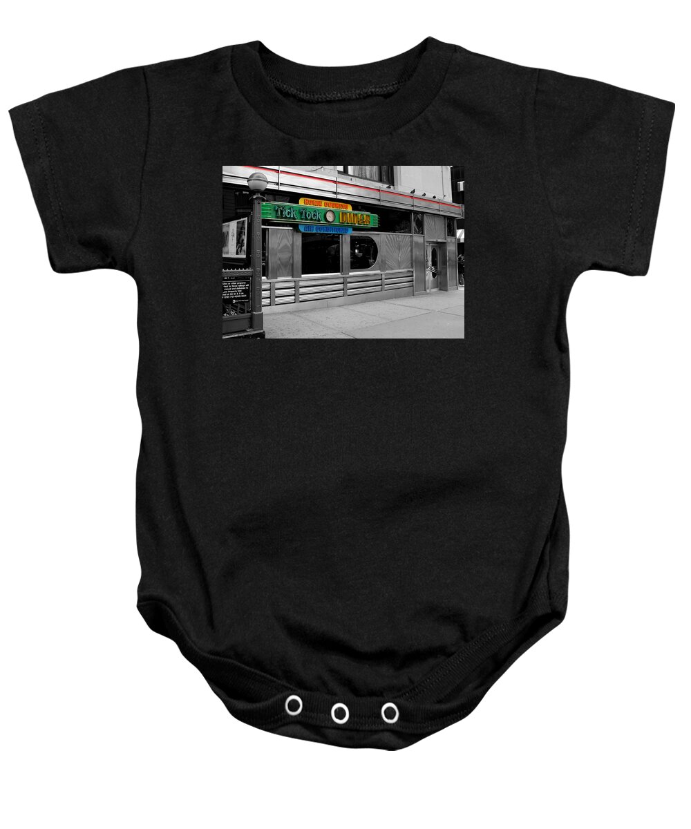 Manhattan Baby Onesie featuring the photograph Tick Tock Diner by Andrew Fare
