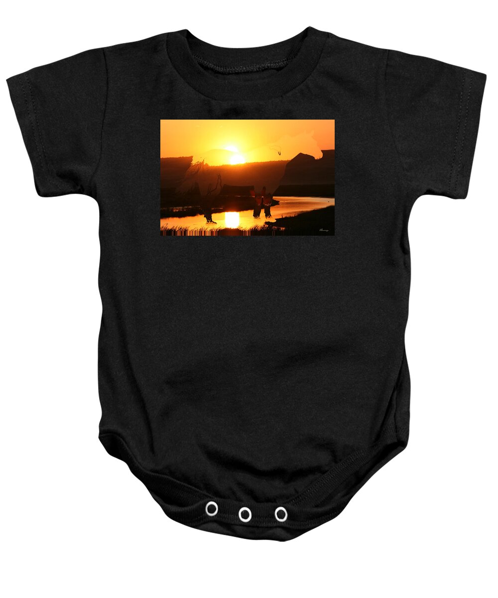 Horse Sunset Water Lake River Hills Valley Scenery Sun Shine Saskatchewan Artist Art For Sale Gold Yellow Brown Gotta Have It Christmas Gift Ideas Qu' Appelle Valley Baby Onesie featuring the photograph Valley Horse by Andrea Lawrence