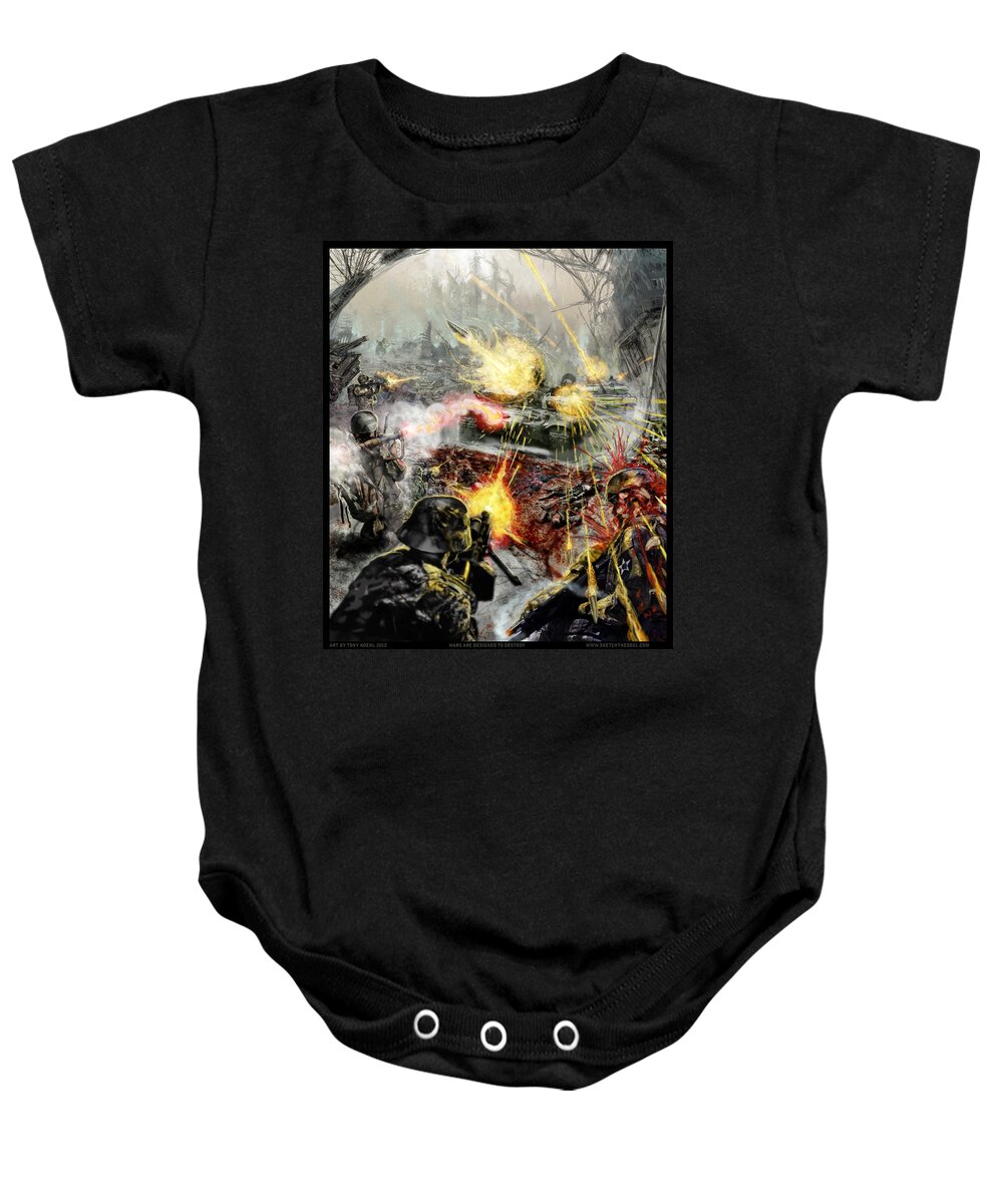 Cranial Impalement Baby Onesie featuring the mixed media Wars Are Designed to Destroy by Tony Koehl