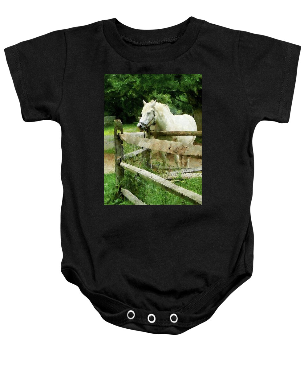 Horse Baby Onesie featuring the photograph White Horse in Paddock by Susan Savad
