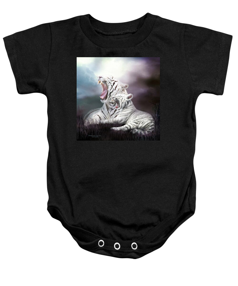 White Tigers Baby Onesie featuring the mixed media Wild Generations - Tiger's Roar by Carol Cavalaris