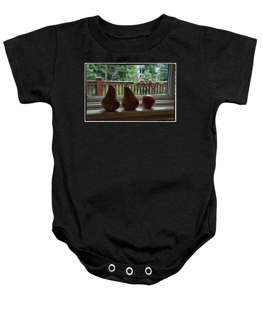 Pears Baby Onesie featuring the photograph Windowsill 1 by Madeline Ellis