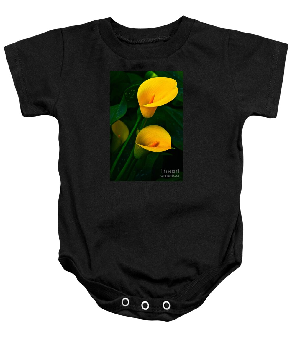 Lily Of The Nile Baby Onesie featuring the photograph Yellow Calla Lilies by Byron Varvarigos