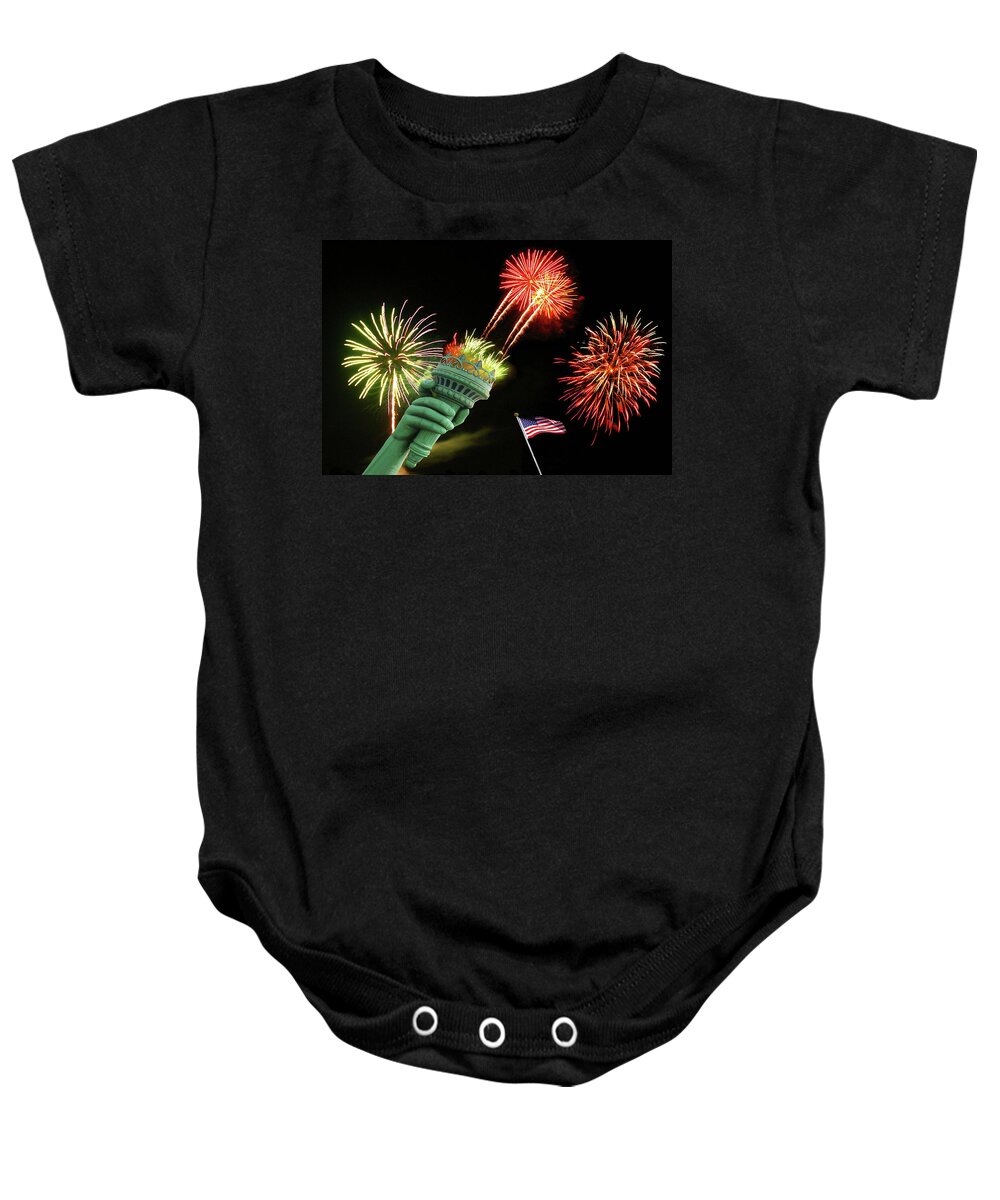 Statue Of Liberty Baby Onesie featuring the photograph Miss Liberty's Fireworks by Rich Walter