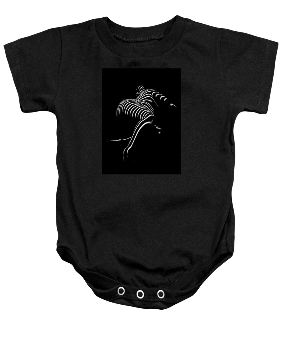 0773-ar Baby Onesie featuring the photograph 0773-AR Striped Zebra Woman Side View Abstract Black and White Photograph by Chris Maher by Chris Maher