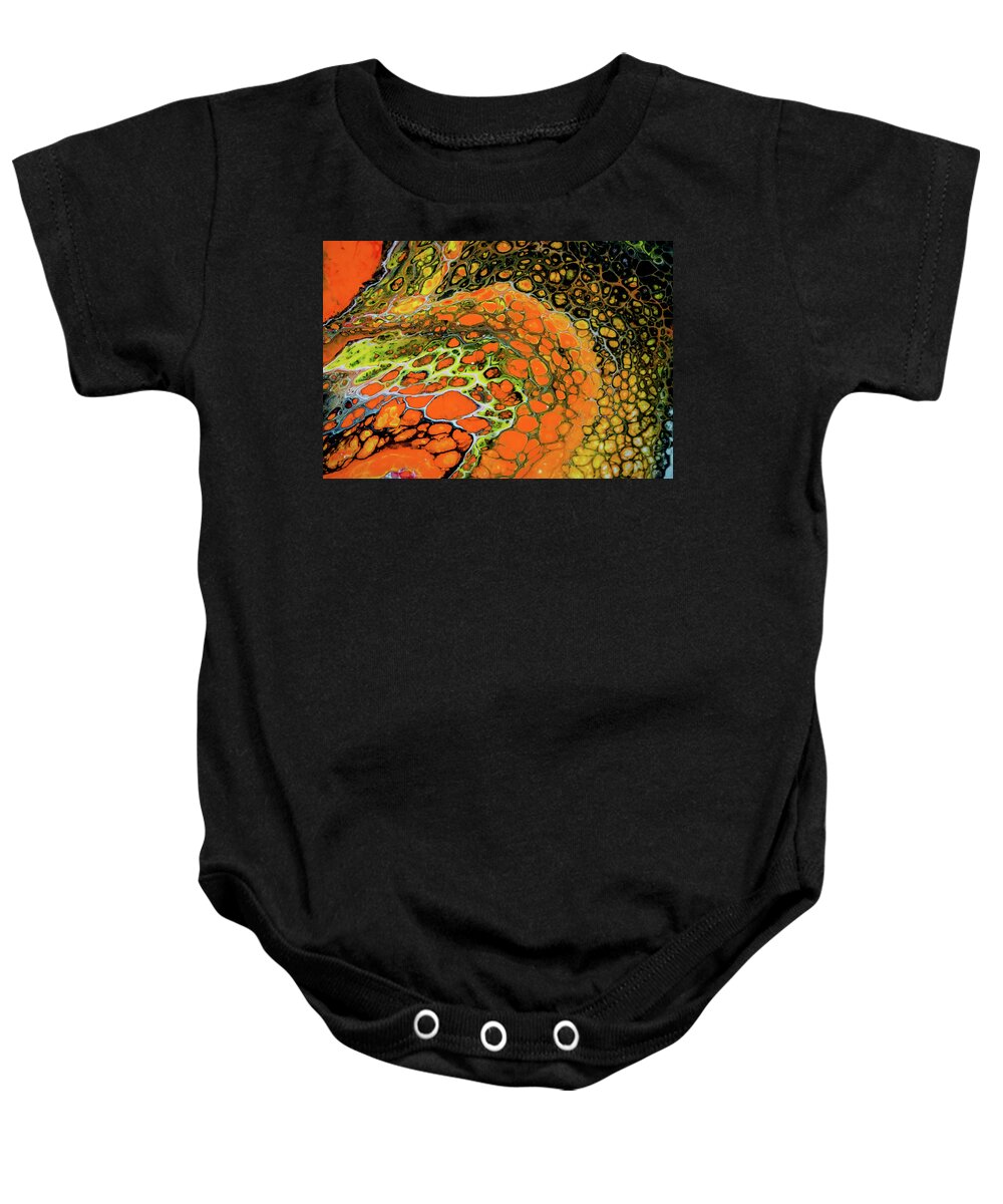 Red Baby Onesie featuring the painting Abstract cellular painting #1 by Lilia S