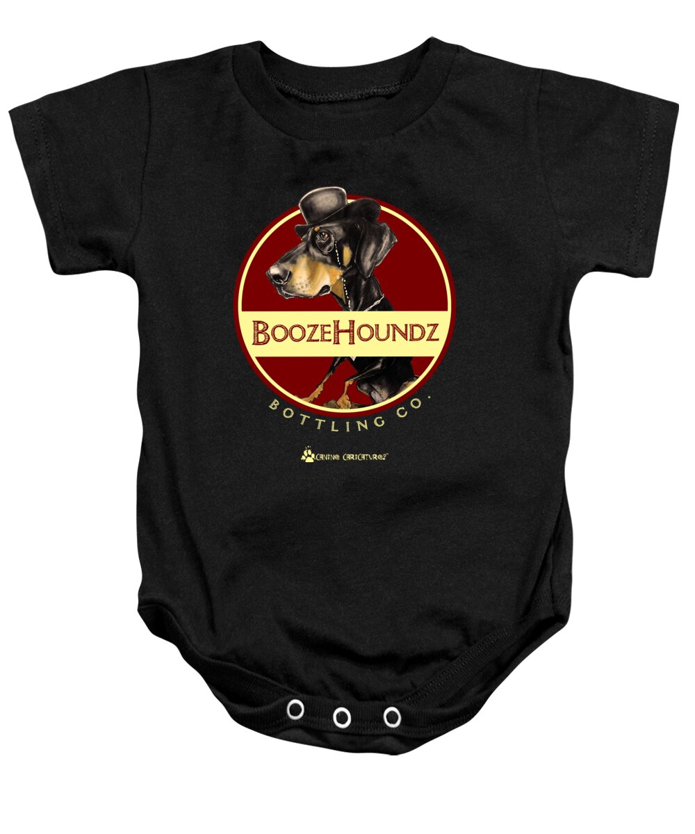 Doberman Baby Onesie featuring the drawing BoozeHoundz Bottling Co. by Canine Caricatures By John LaFree