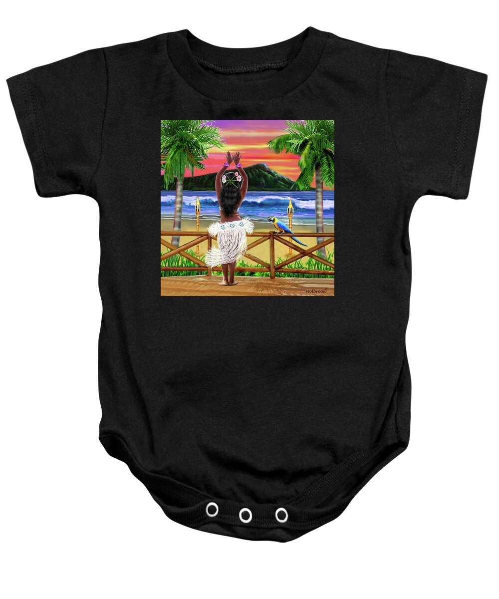 Hawaii Baby Onesie featuring the digital art Hawaiian Sunset Hula #1 by Glenn Holbrook
