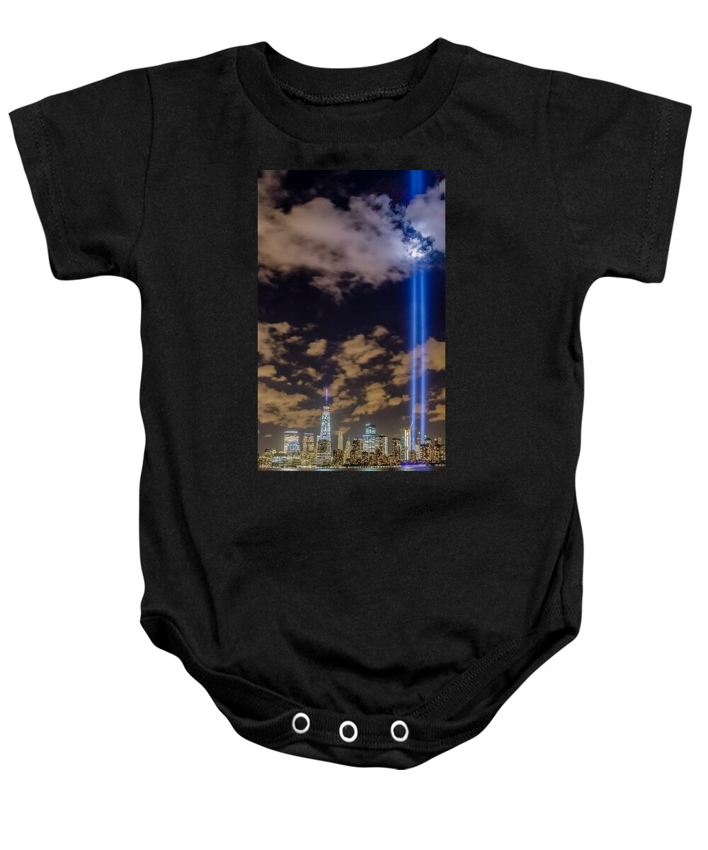 9/11 Baby Onesie featuring the photograph Tribute of Light, September 11, 2015 #1 by SAURAVphoto Online Store