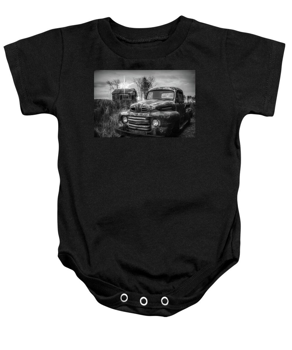 1948 Baby Onesie featuring the photograph Vintage Classic Ford Pickup Truck in Black and White by Debra and Dave Vanderlaan