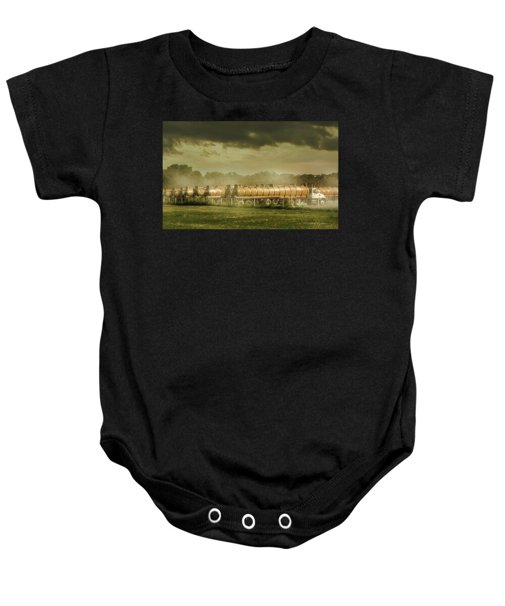 Tank Trucks Baby Onesie featuring the photograph 12 Tank Trucks Warming Up by Micah Offman