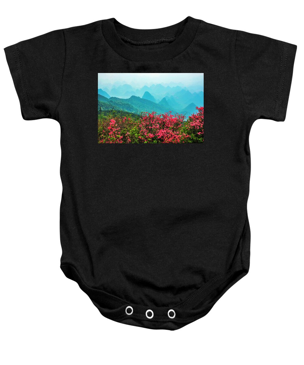 Spring Baby Onesie featuring the photograph Blossoming azalea and mountain scenery #17 by Carl Ning