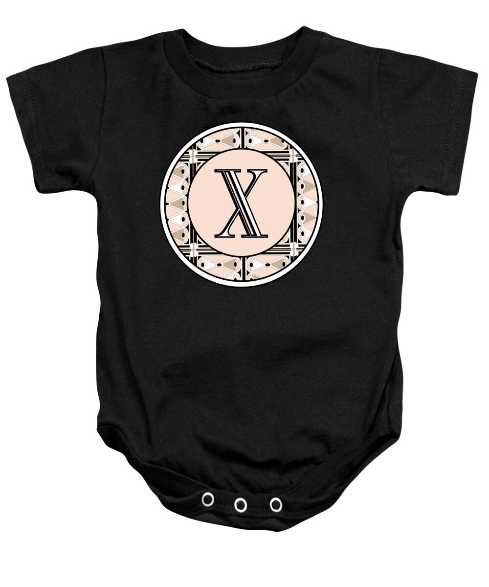 Art Deco Baby Onesie featuring the digital art 1920s Pink Champagne Deco Monogram X by Cecely Bloom