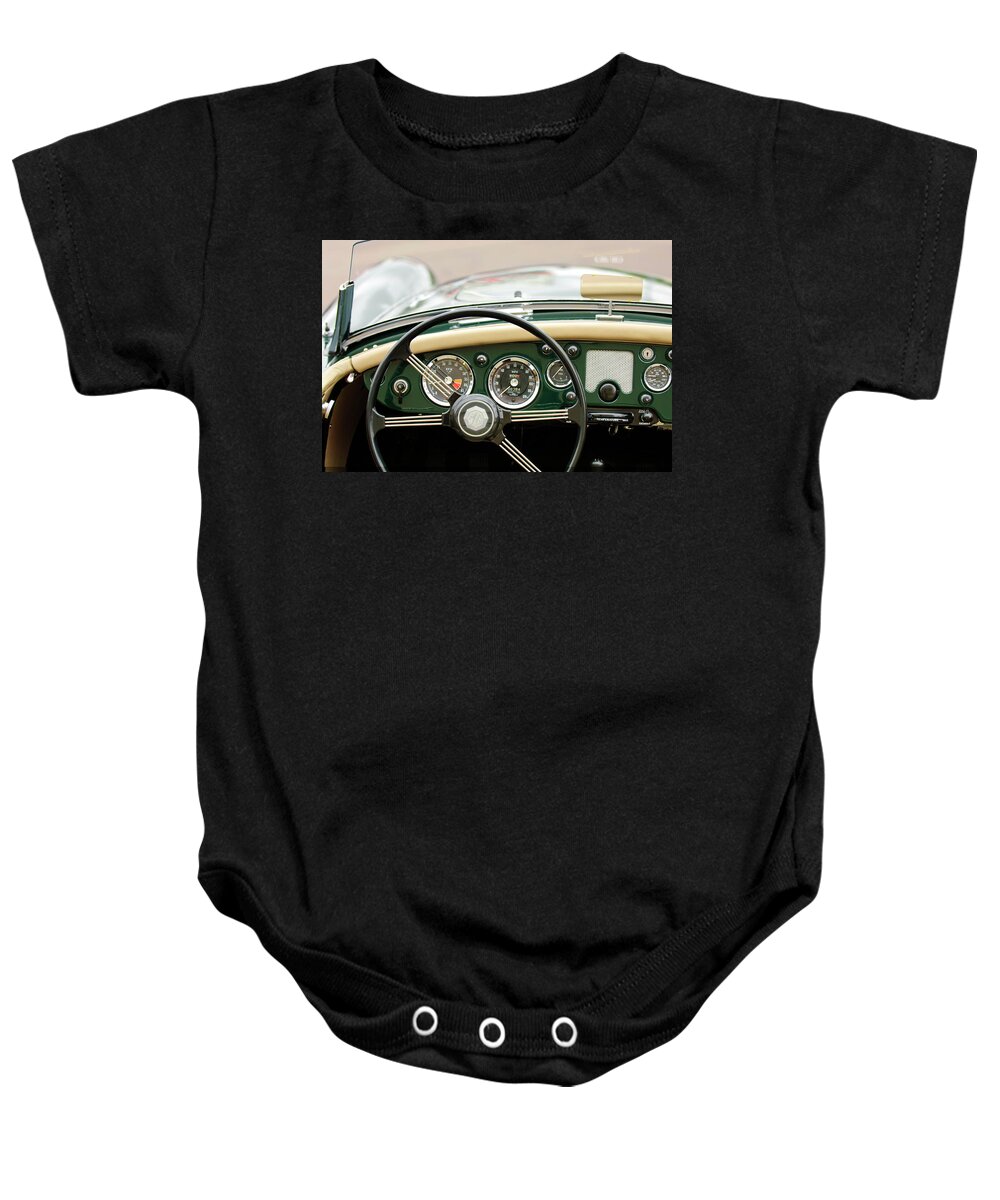 1959 Mg A 1600 Roadster Baby Onesie featuring the photograph 1959 MG A 1600 Roadster Steering Wheel by Jill Reger