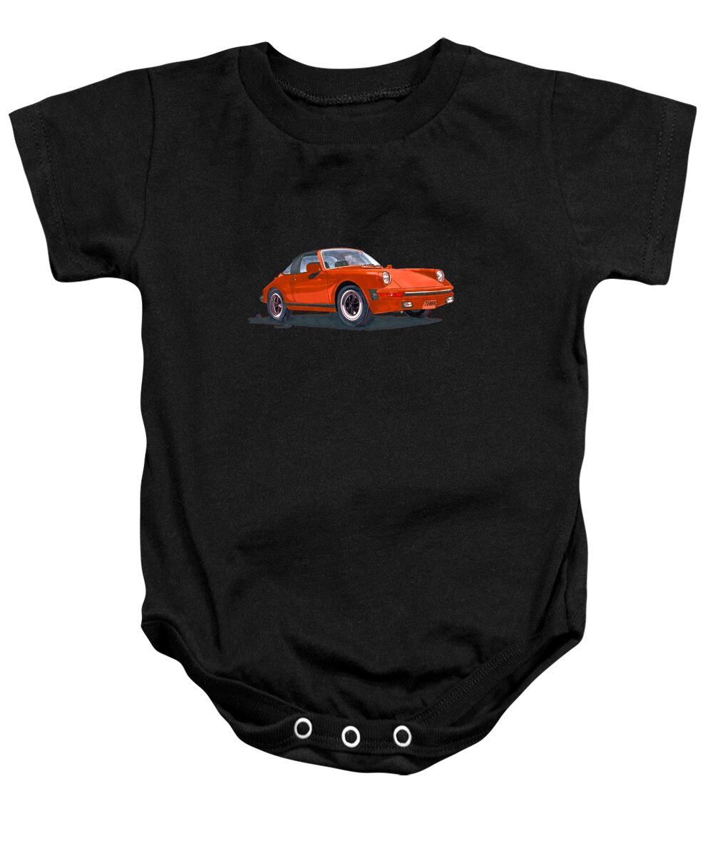 A Watercolor Portrait Of My Late Wife's Red 1968 Porsche 911 Targa Baby Onesie featuring the painting Porsche 911 Targa Terific by Jack Pumphrey