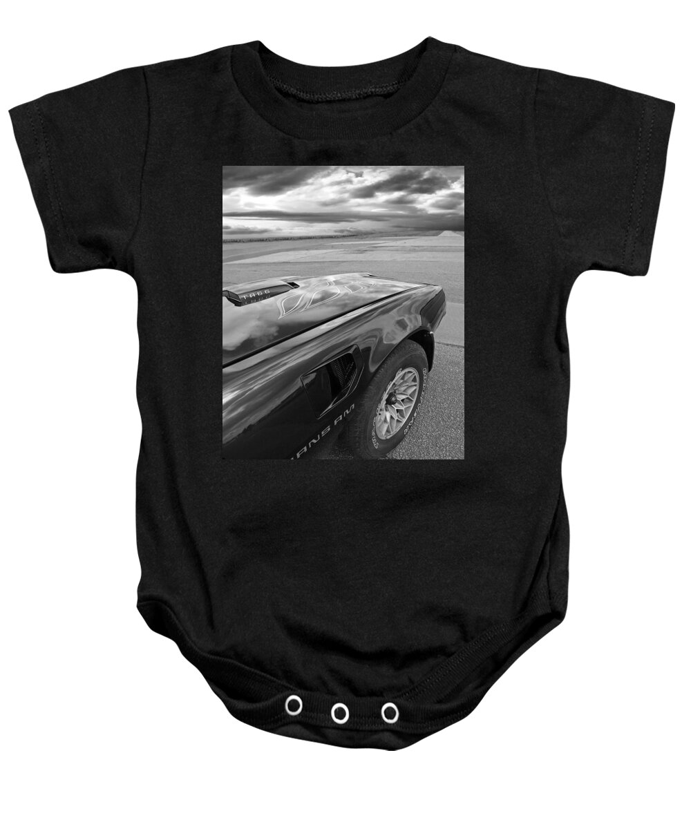 Pontiac Firebird Baby Onesie featuring the photograph 1978 Trans Am The Open Road In Black And White by Gill Billington
