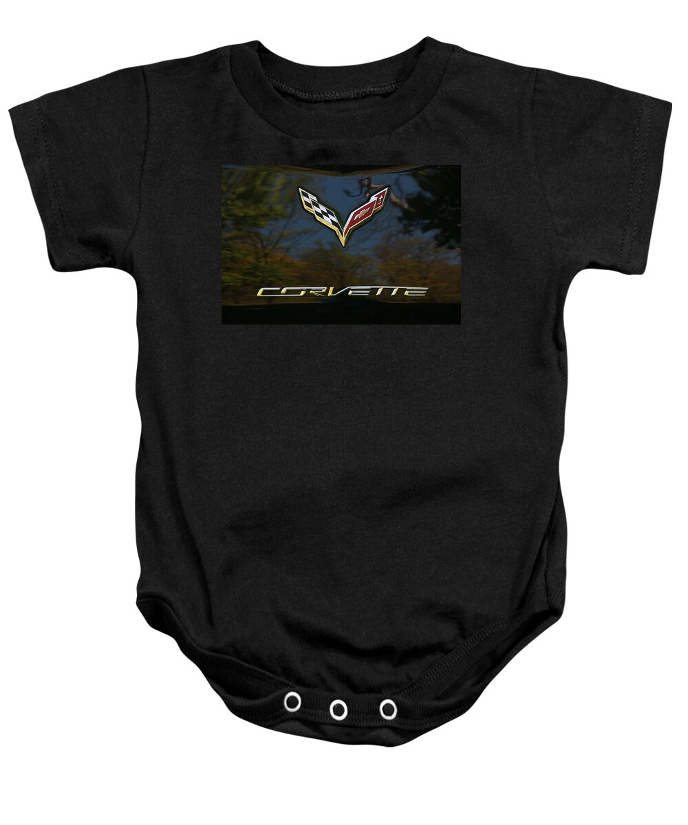 Corvette Stingray Baby Onesie featuring the photograph 2015 Chevy Corvette Stingray Emblem by Allen Beatty