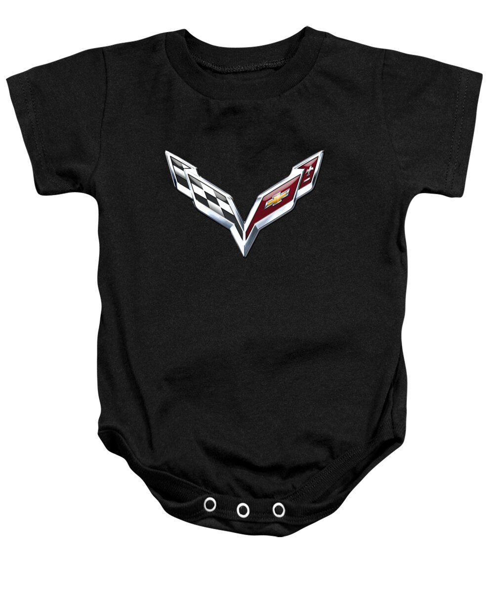 wheels Of Fortune Collection By Serge Averbukh Baby Onesie featuring the photograph Chevrolet Corvette 3D Badge on Black #1 by Serge Averbukh