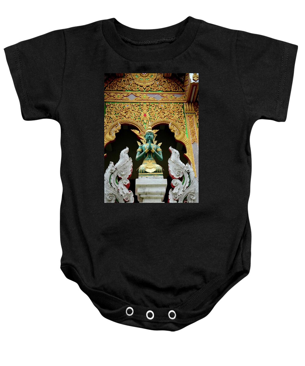 Temple Baby Onesie featuring the photograph Hindu deity greets at Buddhist temple Chiang Mai Thailand #3 by Imran Ahmed