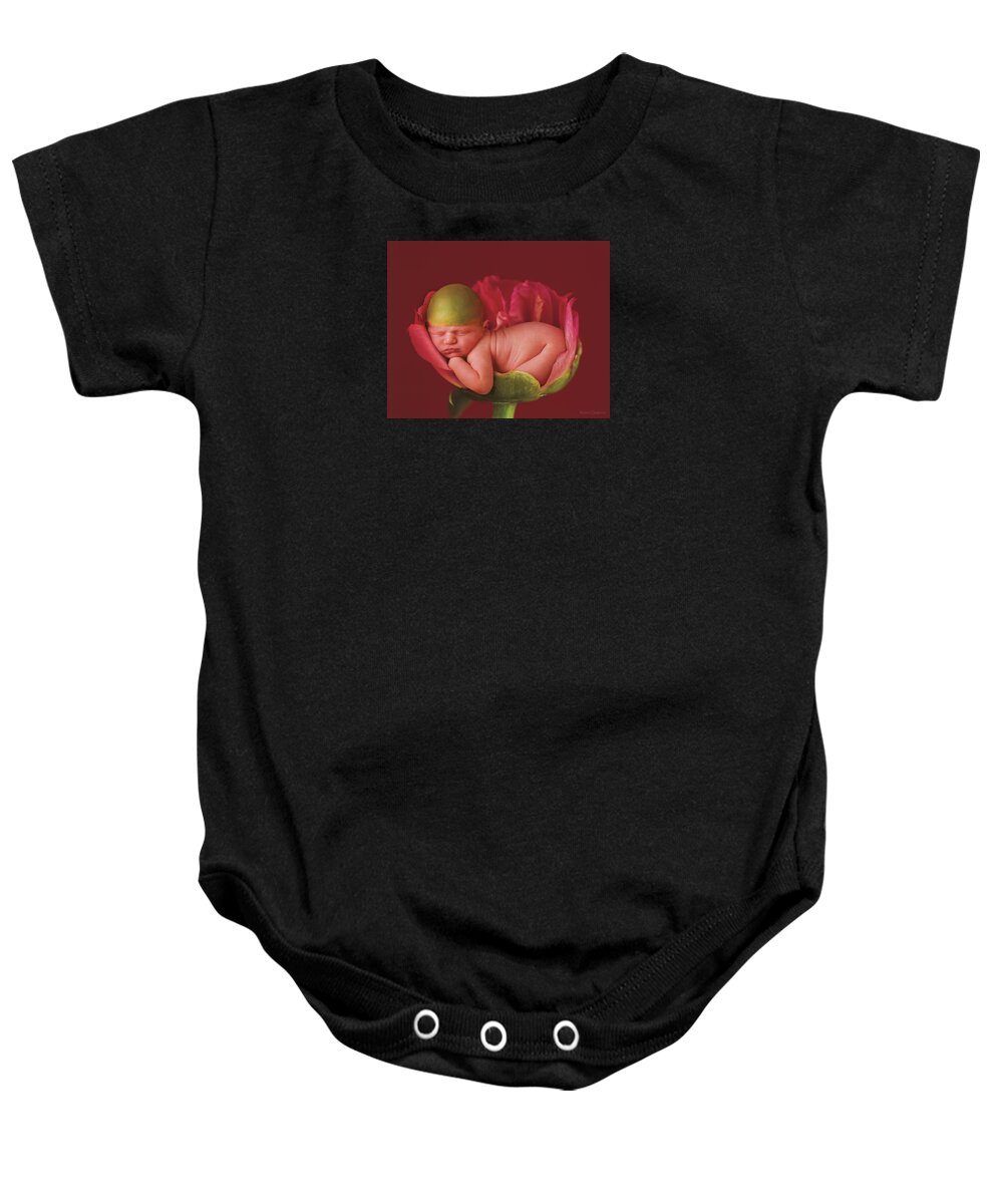 Pink Baby Onesie featuring the photograph Jacob in a Pink Peony Rose by Anne Geddes