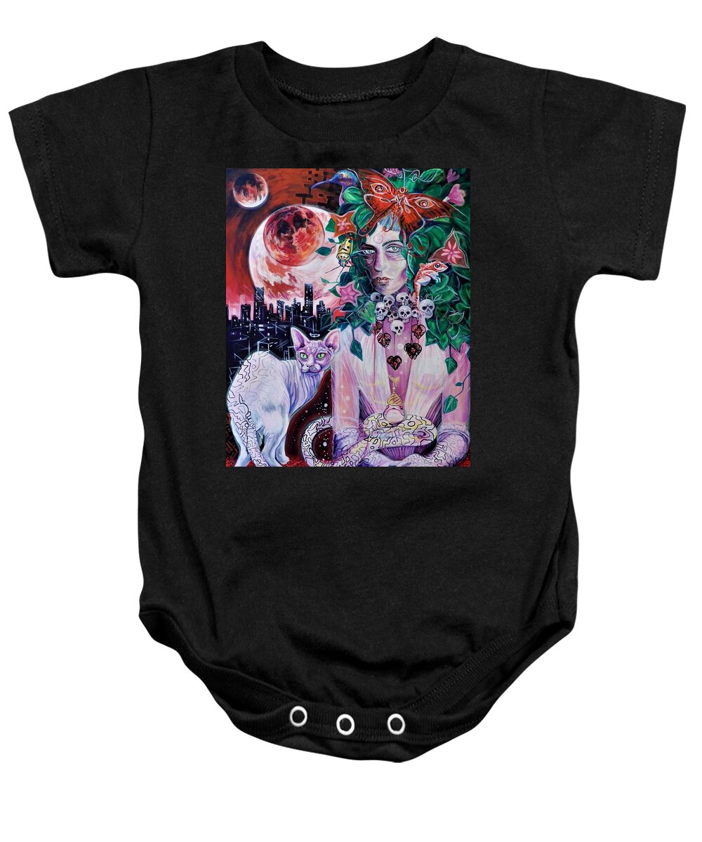 Cat Baby Onesie featuring the painting 3 White Witches by Yelena Tylkina