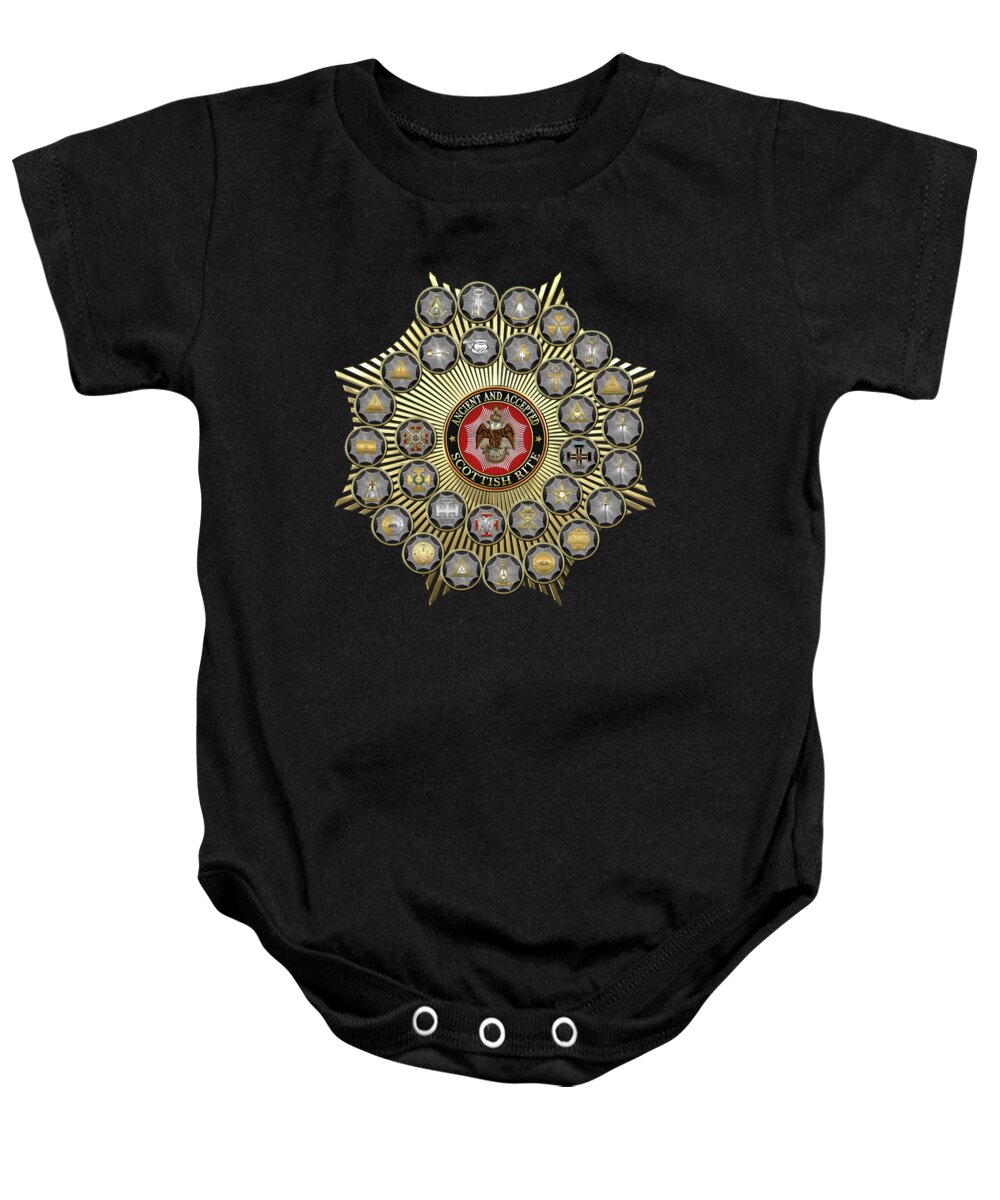 'scottish Rite' Collection By Serge Averbukh Baby Onesie featuring the digital art 33 Scottish Rite Degrees on Black Leather by Serge Averbukh