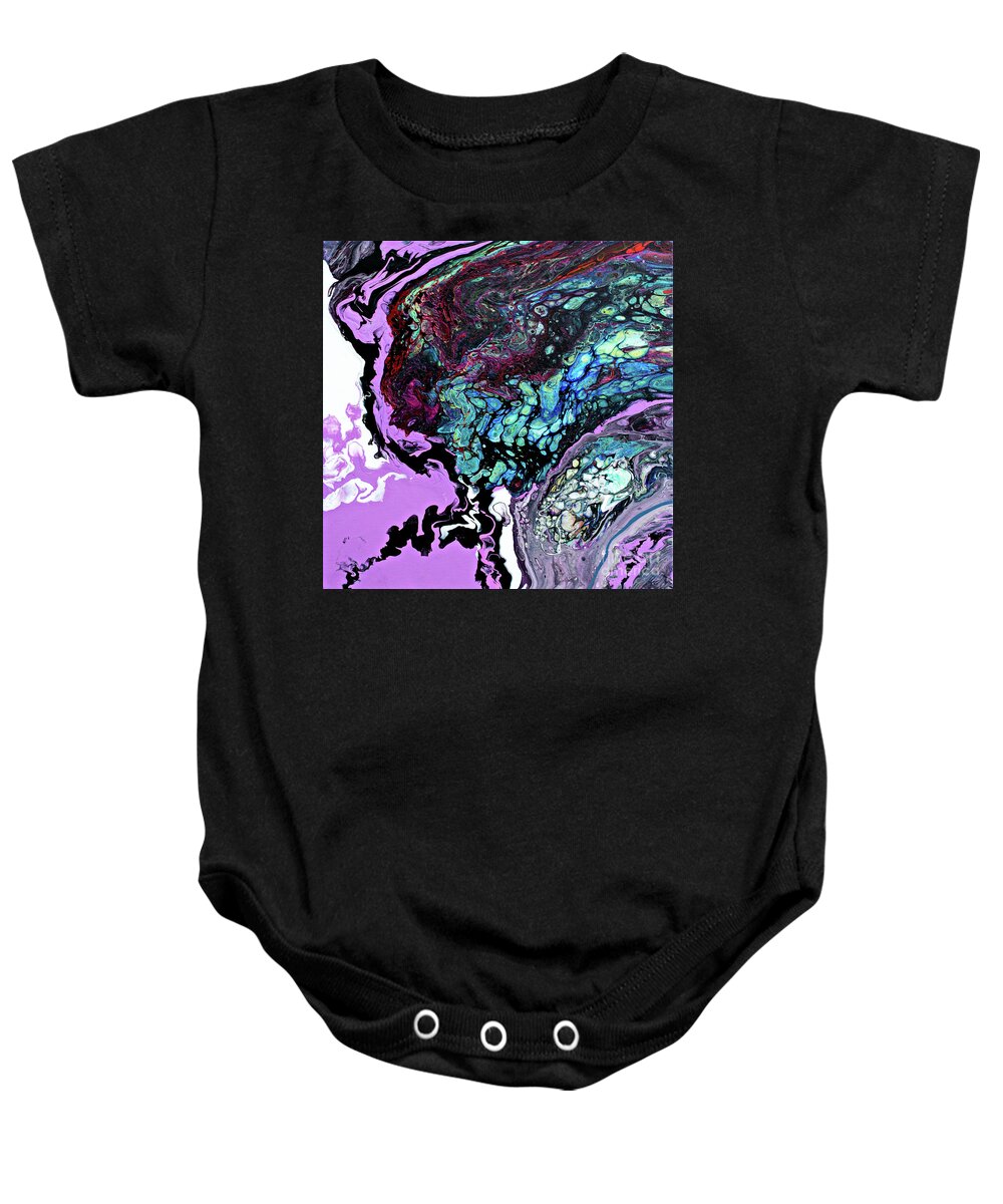 Dynamic Dramatic Exciting Fluid Abstract Bright Pastel Raspberry Purple Dominates Turquoise Black White Burgundy Blue.lots Of Pattern Texture And Good Negative Space  Baby Onesie featuring the painting #378 #378 by Priscilla Batzell Expressionist Art Studio Gallery