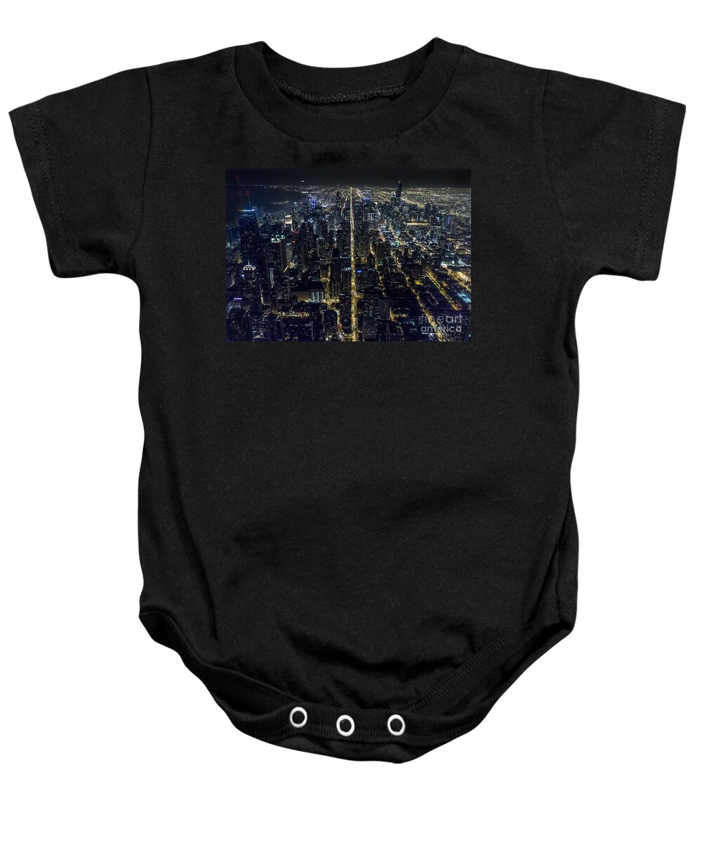 Chicago Baby Onesie featuring the photograph Chicago Night Skyline Aerial Photo #18 by David Oppenheimer