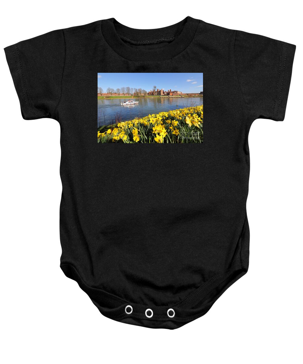 Daffodils Beside The Thames At Hampton Court London Uk Baby Onesie featuring the photograph Daffodils beside the Thames at Hampton Court London UK #5 by Julia Gavin