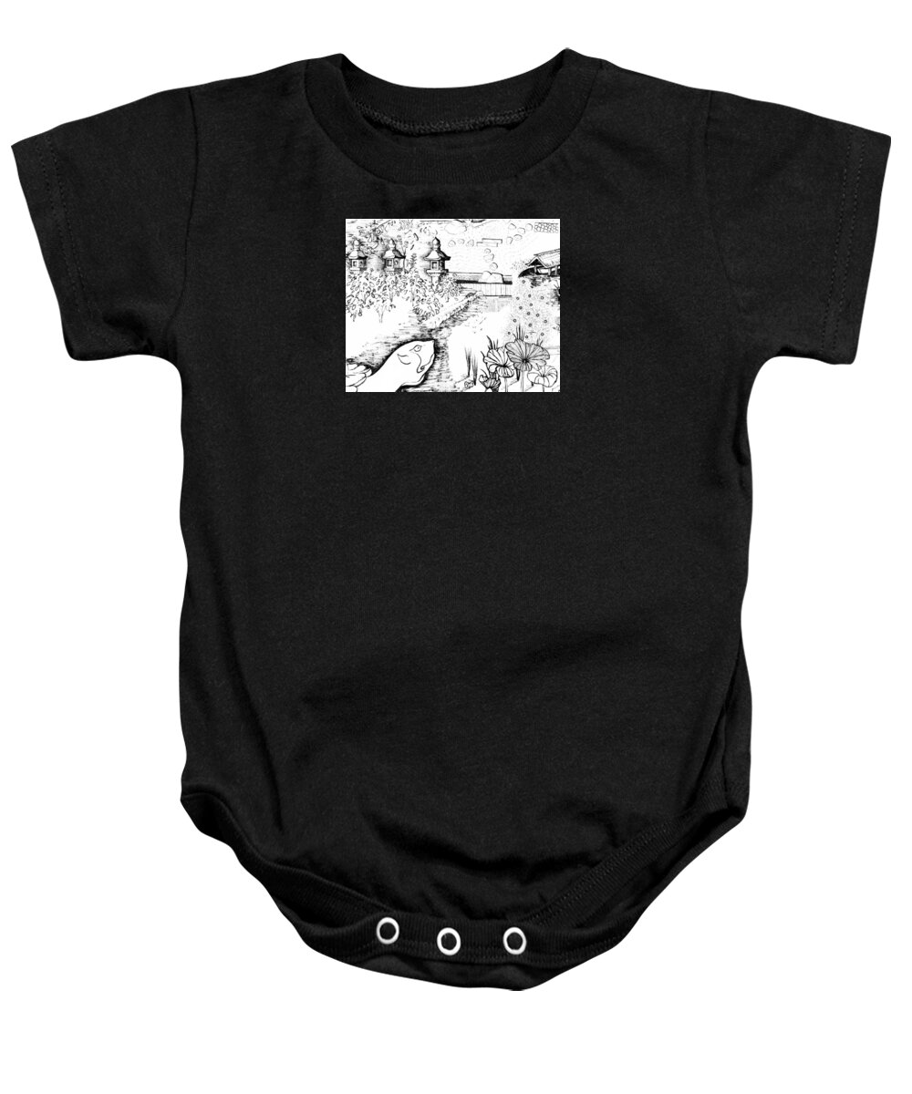 Sustainability Baby Onesie featuring the drawing 5.27.Japan-6-detail-b by Charlie Szoradi