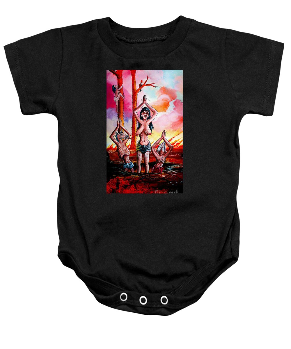 Hell Baby Onesie featuring the mixed media A Buddhist Depiction of Hell by Ian Gledhill