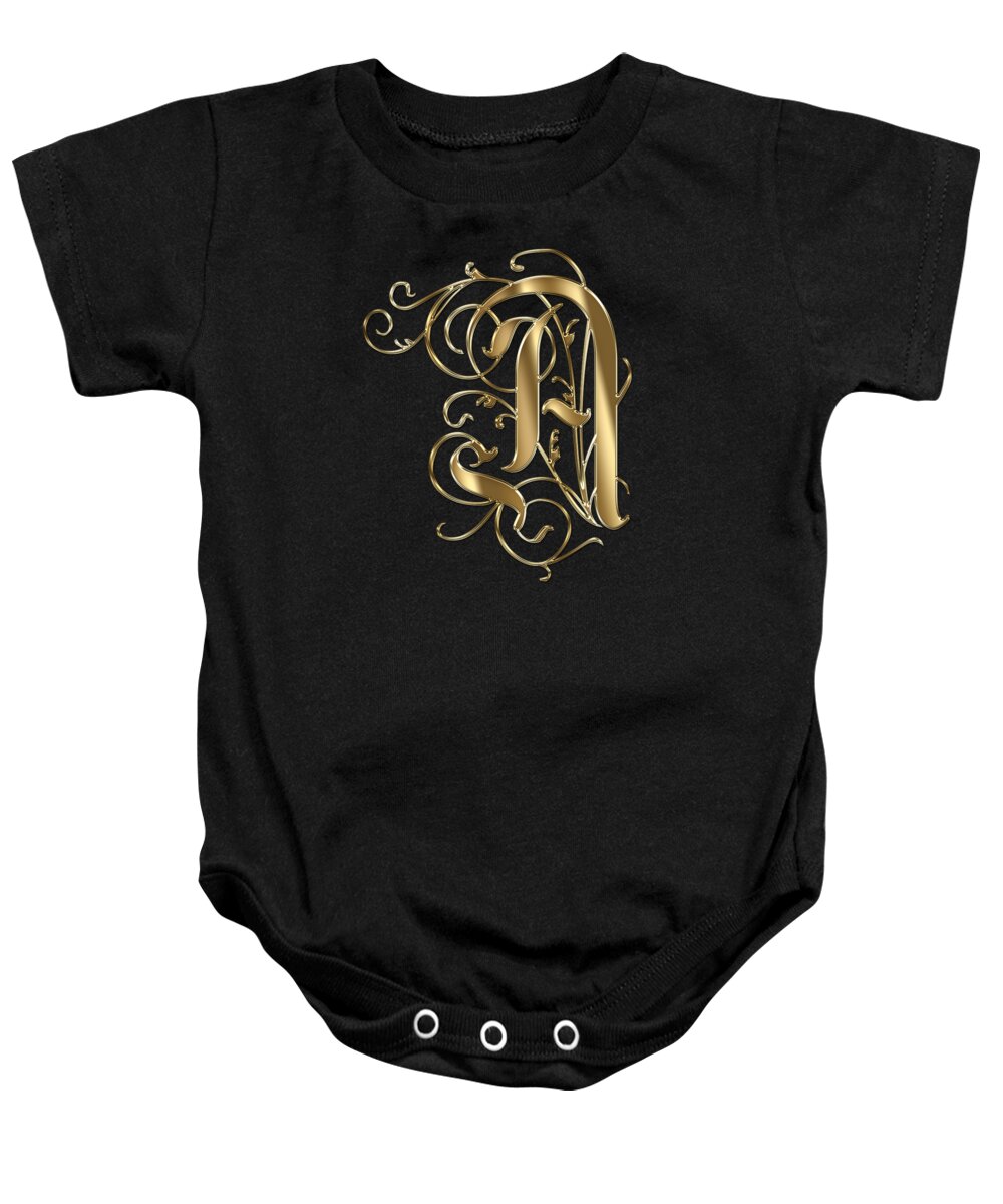 Gold Letter A Baby Onesie featuring the painting A Ornamental Letter Gold Typography by Georgeta Blanaru