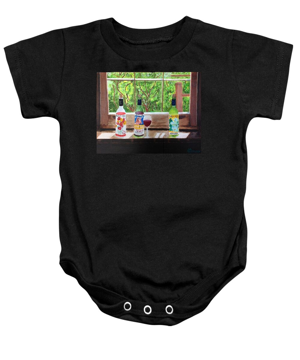 Bully Hill Wine Bottles Baby Onesie featuring the painting A Sip in Time by Cynthia Morgan