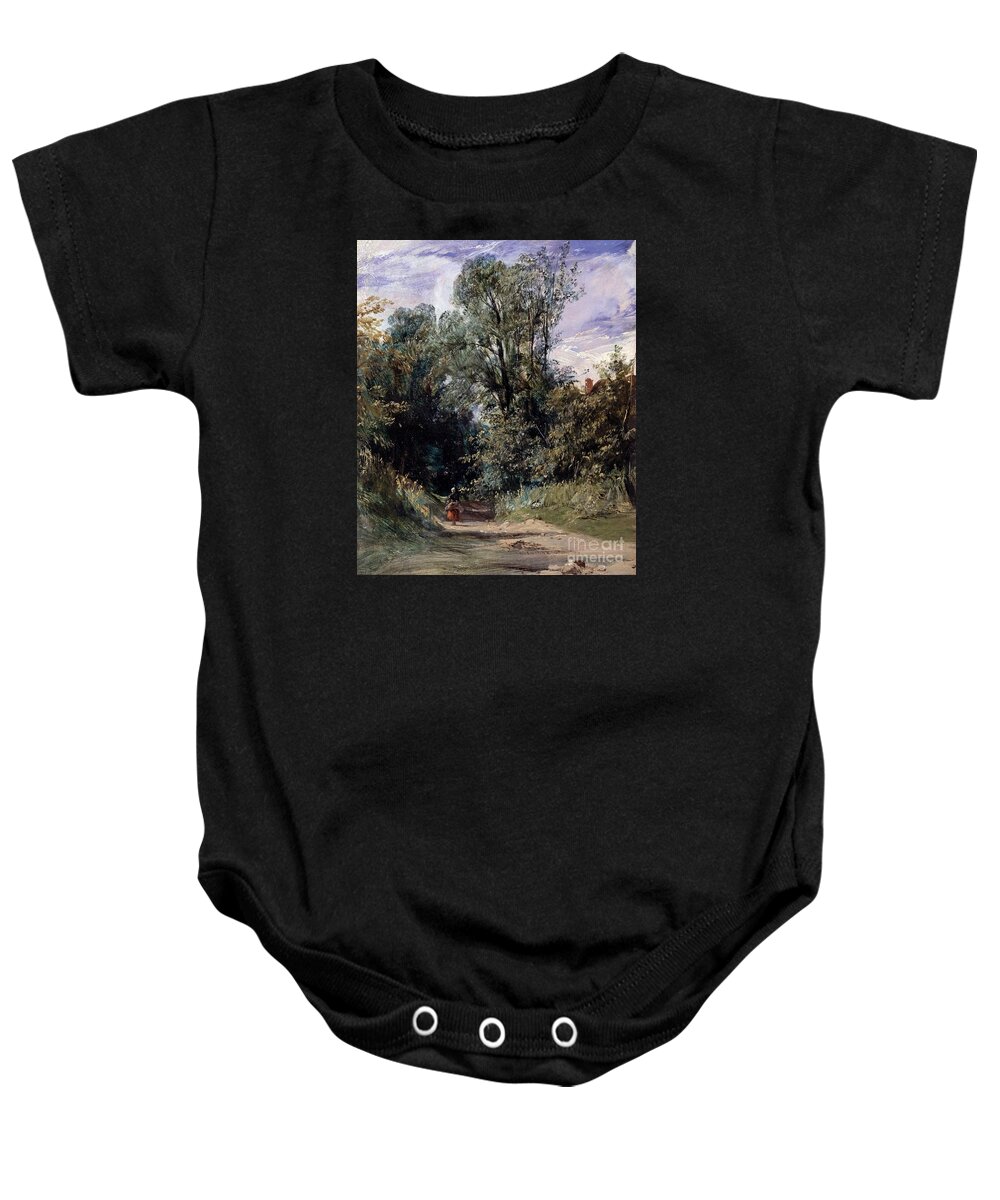 Richard Parkes Bonington - A Wooded Lane Ca. 1825. Forest Baby Onesie featuring the painting A Wooded Lane by MotionAge Designs