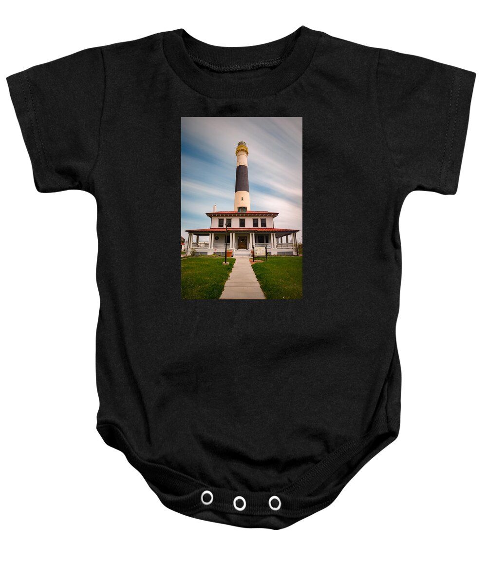 Absecon Baby Onesie featuring the photograph Absecon Lighthouse as the Clouds Pass By by Mark Rogers