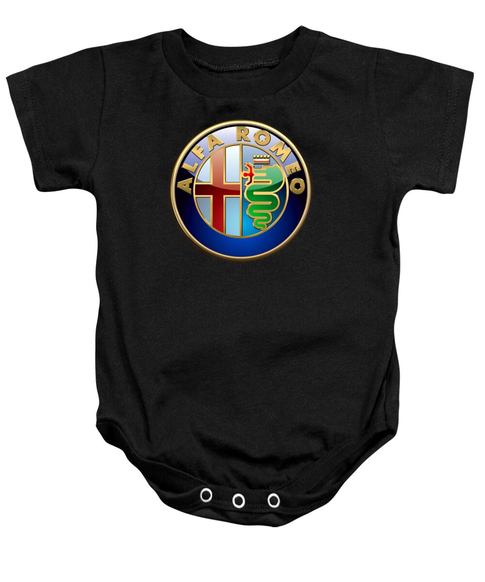 Wheels Of Fortune� Collection By Serge Averbukh Baby Onesie featuring the photograph Alfa Romeo - 3 D Badge on Black by Serge Averbukh