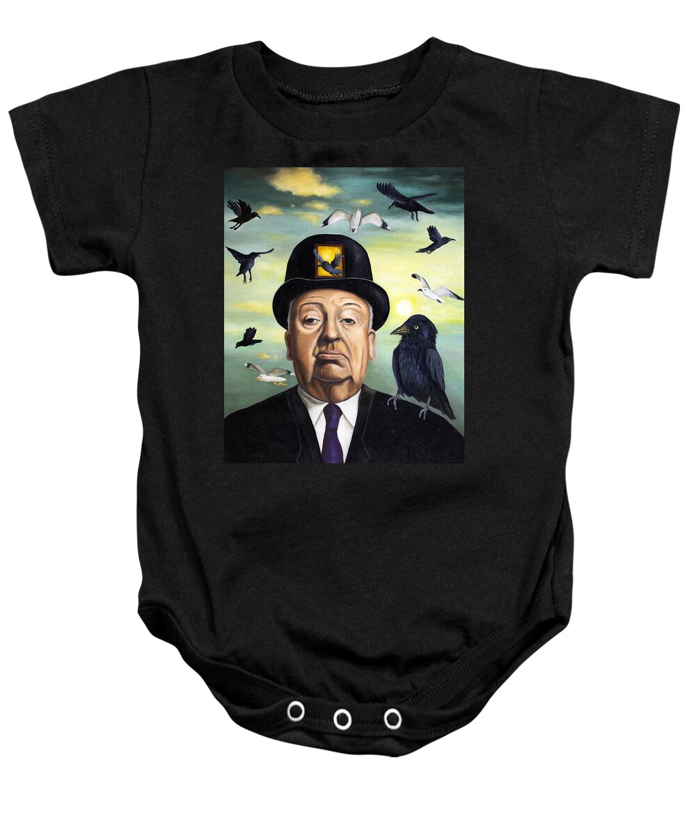 Alfred Hitchcock Baby Onesie featuring the painting Alfred Hitchcock by Leah Saulnier The Painting Maniac