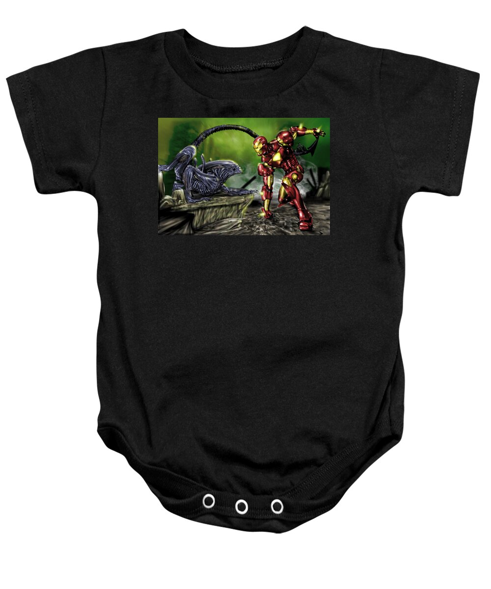 Alien Baby Onesie featuring the painting Alien vs Iron Man by Pete Tapang